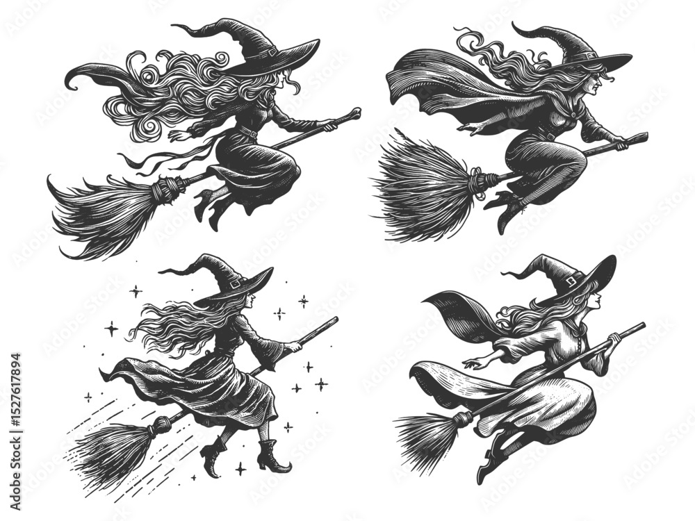 Poster witch in pointed hat flying on broomstick set collection bundle sketch engraving generative ai vecto
