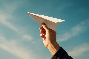 Dreams Ascend on an Open Sky &mdash; an ultra-realistic image of a single hand poised against a vast cerulean backdrop, fingers gently gripping a crisp white paper airplane in the moment before release