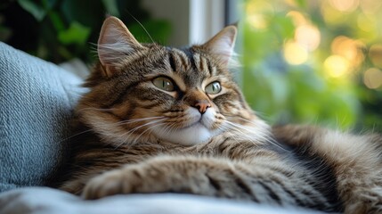 Relaxed tabby cat basking in window light