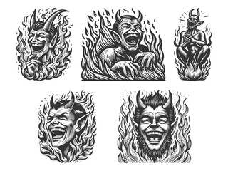 Obraz premium Laughing Devils and Demons Set collection bundle sketch engraving generative ai vector illustration. Scratch board imitation. Black and white image.