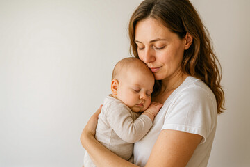 Mother’s Nurturing Love: an ultra-realistic, softly lit portrait of a young woman wearing a simple white T-shirt gently cradling her peacefully sleeping newborn against her chest, eyes closed 