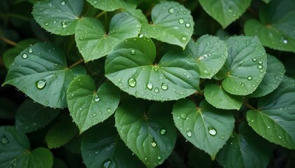 Heart-shaped green leaves with glistening water droplets in the garden.