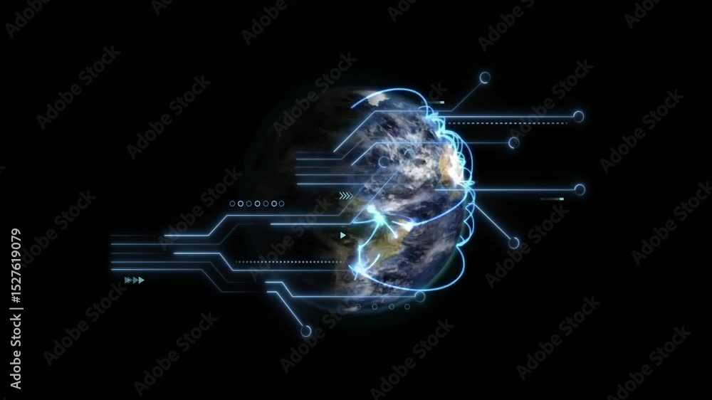 Poster starting digital earth globe forming blue circuit arcs creating lit nodes routing global data flow