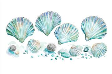 Summer Seashells Watercolor Illustration. Watercolor illustration of seashells, sea urchins, and pebbles with a summer vibe.