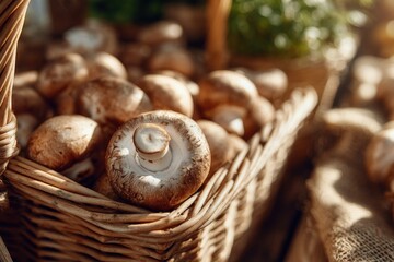 Freshly Picked Brown Mushrooms Overflowing from Rustic Wicker Basket on Burlap Sack for sale at local market