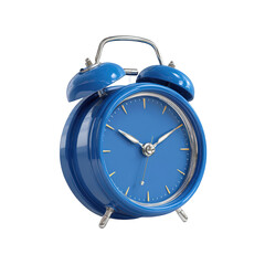 Classic blue alarm clock isolated on stylish vintage timepiece perfect for modern home decor or time management concepts blue dial yellow markings up 3d on transparent background