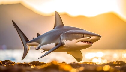 Fototapeta premium Shark Leaping at Sunset Over Rocky Shore
