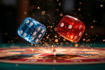 Red and blue dice falling on a roulette table. Vibrant dice rolling on a colorful roulette table with sparkling effects