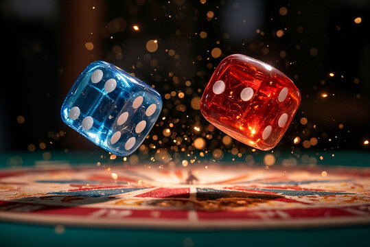 Red and blue dice falling on a roulette table. Vibrant dice rolling on a colorful roulette table with sparkling effects