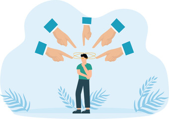 Boss pointing and blaming depressed employee. Toxic jobs and harassment or intimidation of co-workers, fear of failure and responsibility bad culture makes depressed employees bored.
