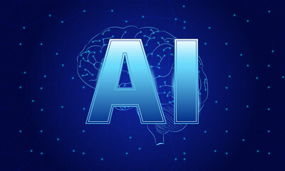 Futuristic AI interface with glowing text and digital lines on a dark blue glowing horizontal background.