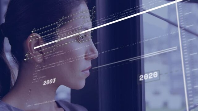 Technology HUD appearing over woman's face initiating timeline scan bar updating years before smile