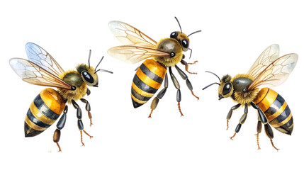 Yellow and black bumblebee with spread wings on white background.