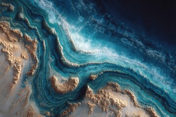 Obraz premium Topographic aerial of coastal erosion featuring light turquoise waters and sandy cliffs displaying natural erosion