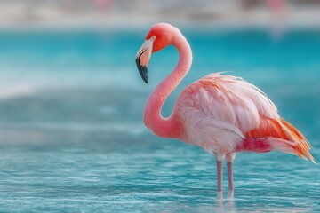 Vibrant flamingo standing wading in shallow turquoise waters, distinctive pink plumage and elegantly curved neck on display