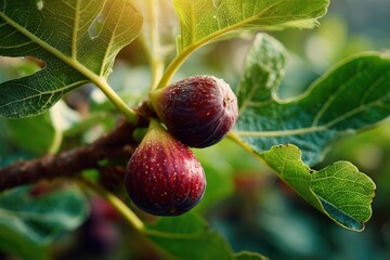 Fototapeta premium Fresh Figs on Branch with Green Leaves and Morning Dewdrops. Delicious and Healthy Food Growing Outdoors.