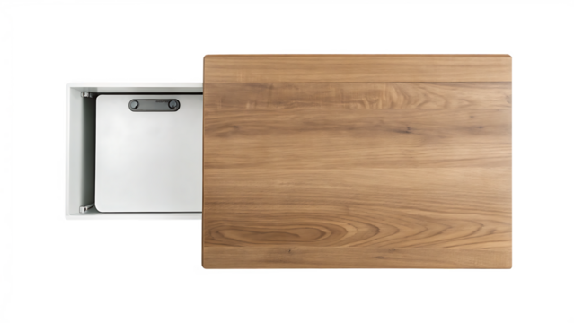 Modern wooden coffee table with hidden drawer isolated on a white background