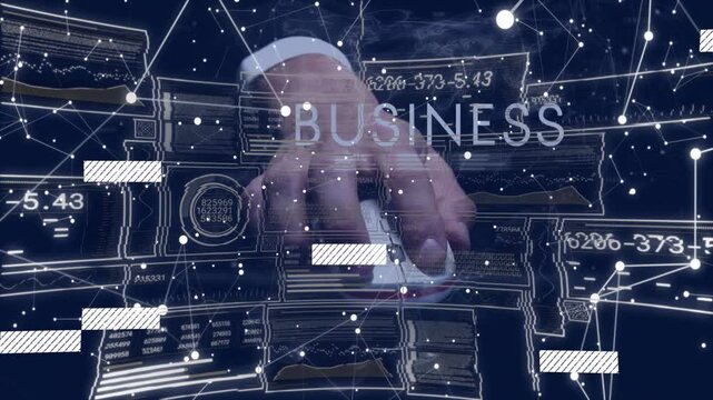 Hand clicking mouse, sliding bars, updating codes, showing BUSINESS for dashboard navigation