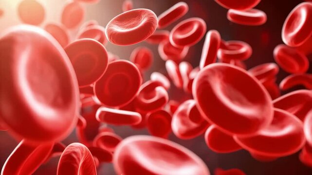Many biconcave red blood cells float within a blood vessel, symbolizing hematology and internal medicine research, dark background.