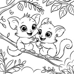 Two Lemurs Sharing Fruit on Tree Branch