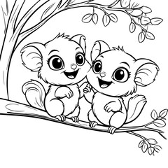 Two Happy Lemurs Sitting on Tree Branch Coloring Page