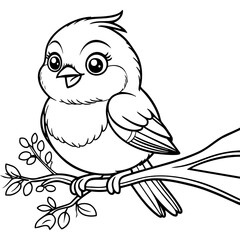Cute Cartoon Bird Sitting on a Branch with Leaves for Coloring