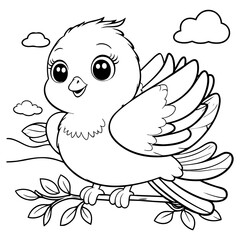 Cheerful Cartoon Bird Spreading Wings on a Tree Branch Scene