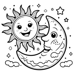 Cheerful Sun and Crescent Moon Cartoon with Happy Faces