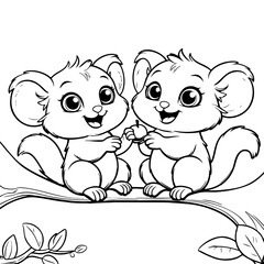 Two Adorable Baby Animals Sitting on Tree Branch Sharing Snack