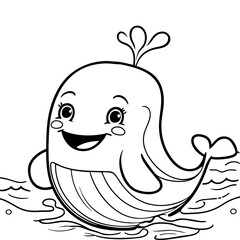 Happy Cartoon Whale Splashing in the Ocean Coloring Page