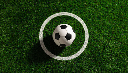 Fototapeta premium Football at Center Circle on Green Pitch