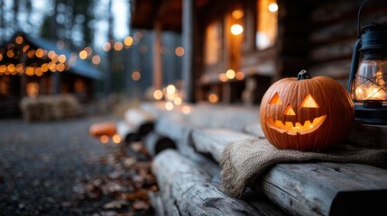 Carved Pumpkin at Cabin Entrance - Autumn Festive Scene