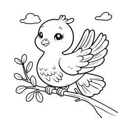 Sweet Bird with Open Wings Sitting on Branch Coloring Sheet