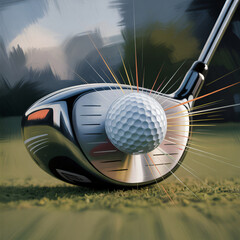 Hyperrealistic digital painting: Extreme close-up of golf driver impacting ball. Deformed ball, vibration lines. Textured club face, slight blur. Shallow depth, blurred charcoal background. Intense li