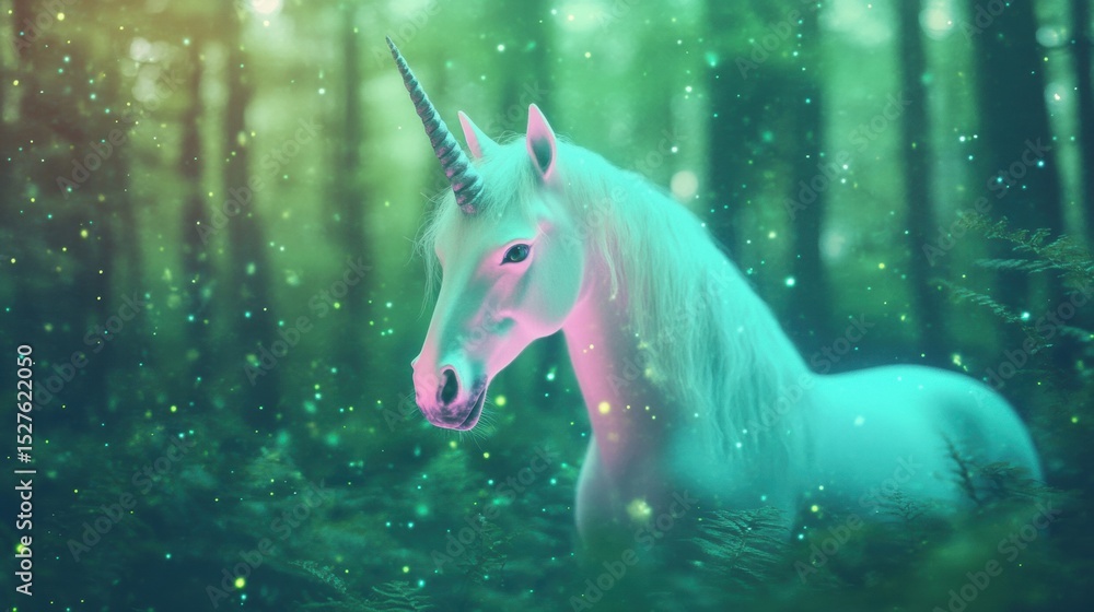 Poster magical unicorn in a mystical forest setting during twilight hours