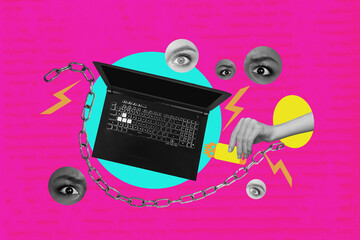 Composite zine pop trend collage of human hand hold laptop device jail captive usb spyware...