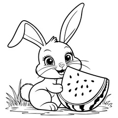 Happy Cartoon Bunny Holding Big Slice of Watermelon with a Smile