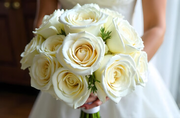 Bouquet of white roses, Bridal bouquet in hands close up view 