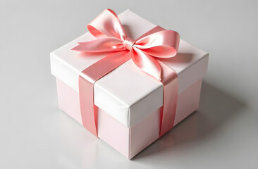 Obraz premium White and Pink gift box with pink ribbon and bow isolated on grey background pastel tones, wedding present, present, gift 