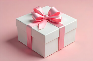 Present in a white box with pink ribbon isolated on pink background, wedding present, birthday, holiday 