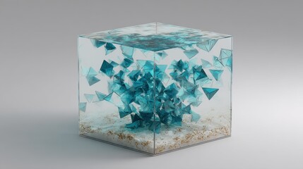 Teal geometric shapes in transparent cube