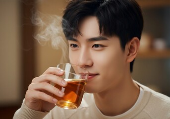 close up photo of an asian man drinking a glass of hot tea