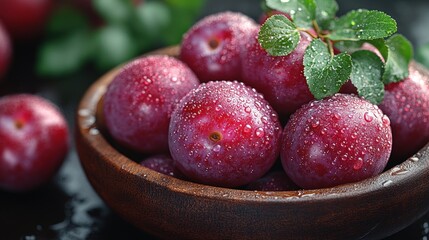 Fresh plums in a wooden bowl