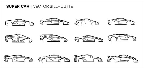 set of Vector line art Silhouette Super Car perfect for Laser Cutting or metal art