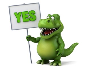 Fototapeta premium Green Dinosaur Holding Yes Sign