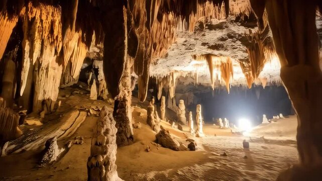 Immense limestone cave with long hanging stalactites and erect stalagmites illuminated by hidden light, cavern interior with rock formations.
