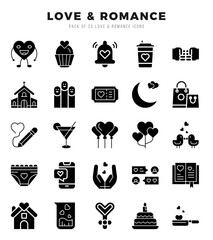 Love & Romance Glyph icons collection. 25 icon set. Vector illustration.