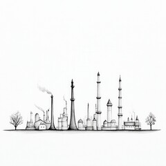 A detailed pencil drawing of an industrial cityscape with smokestacks rising.