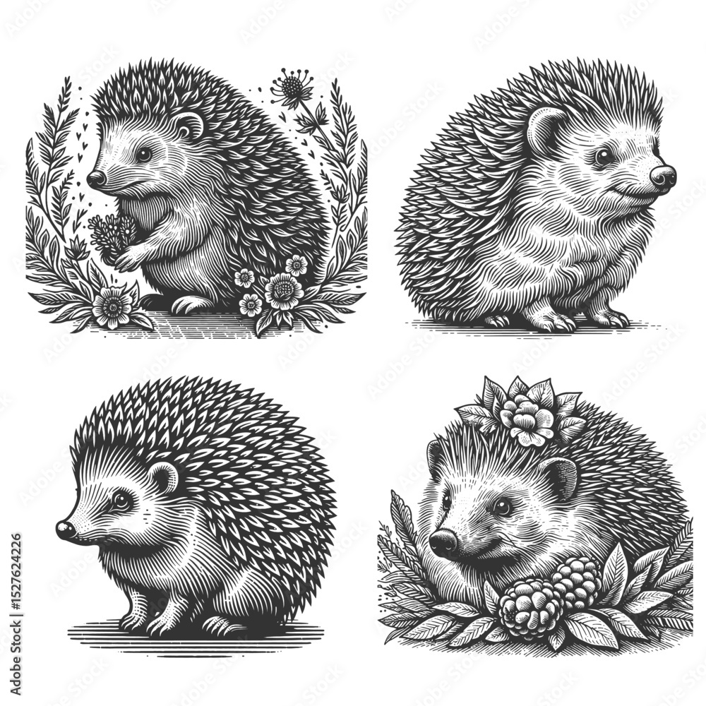 Poster cute hedgehogs in various poses set collection bundle sketch engraving generative ai vector illustra