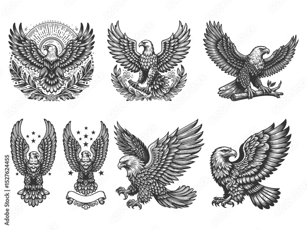Poster eagle set collection bundle sketch engraving generative ai vector illustration. scratch board imitat